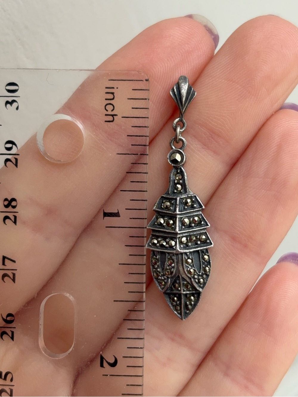 Sterling Silver Art Deco Vintage Marcasite Gemstone Drop Dangle Earrings - Picture 8 of 8